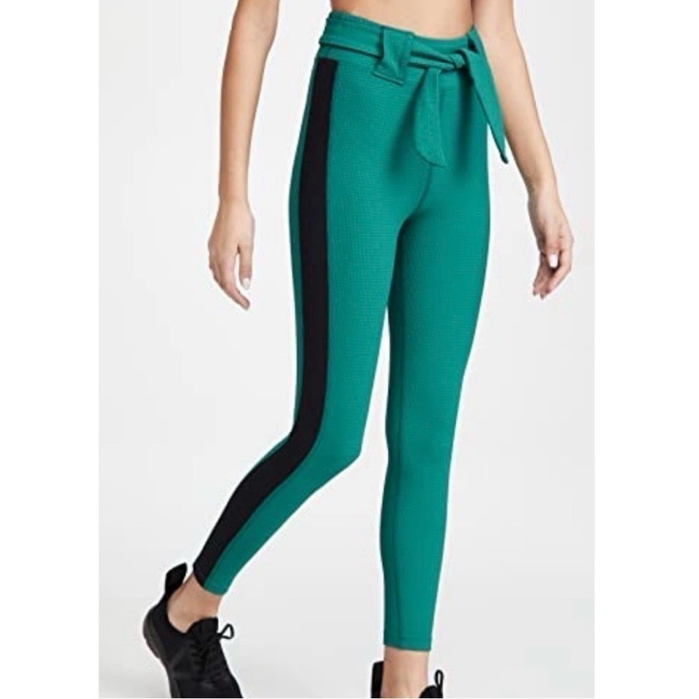 Year of Ours Thermal Ski Belted Leggings M Medium Green Black Stripe Waffle